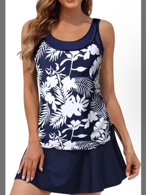 Women’s Navy Floral Tankini Top and Skirt Swim Set